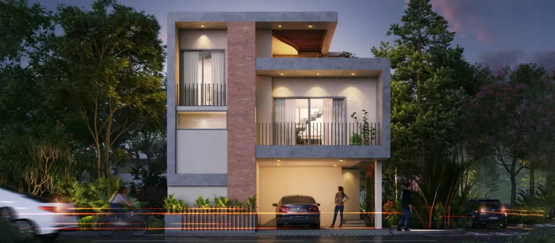 A modern family villa at dusk in a leafy Bangalore gated community