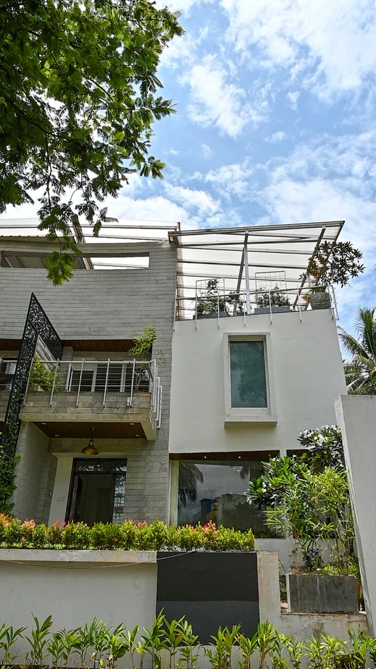 Duplex villa elevation with roof terrace and steel pergola, Laughing Waters twin villas for sale, Whitefield, Bengaluru
