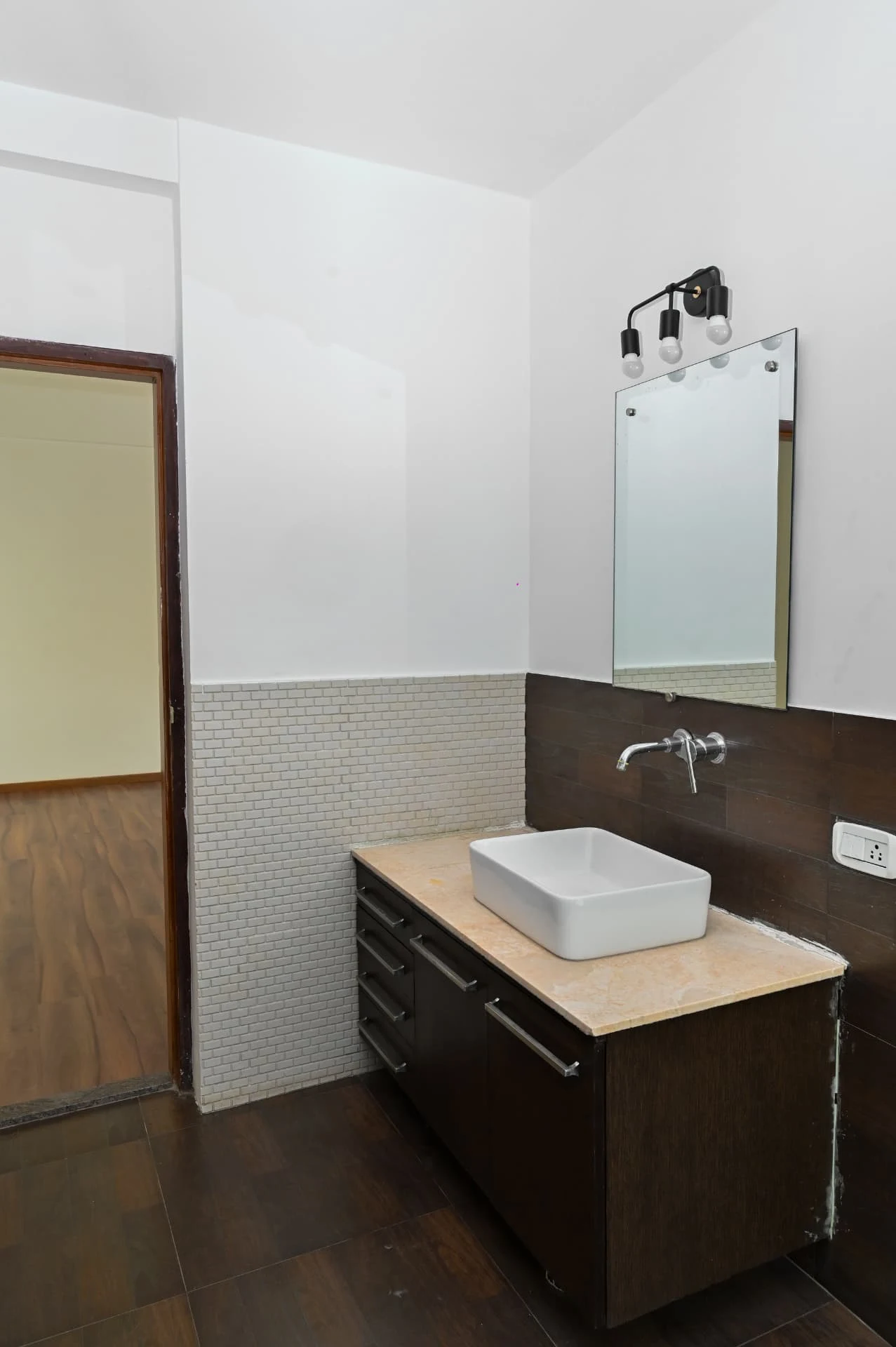 En-suite vanity with stone counter, vessel basin and mosaic splashback, Prestige Laughing Waters luxury villa for rent, Whitefield, Bangalore