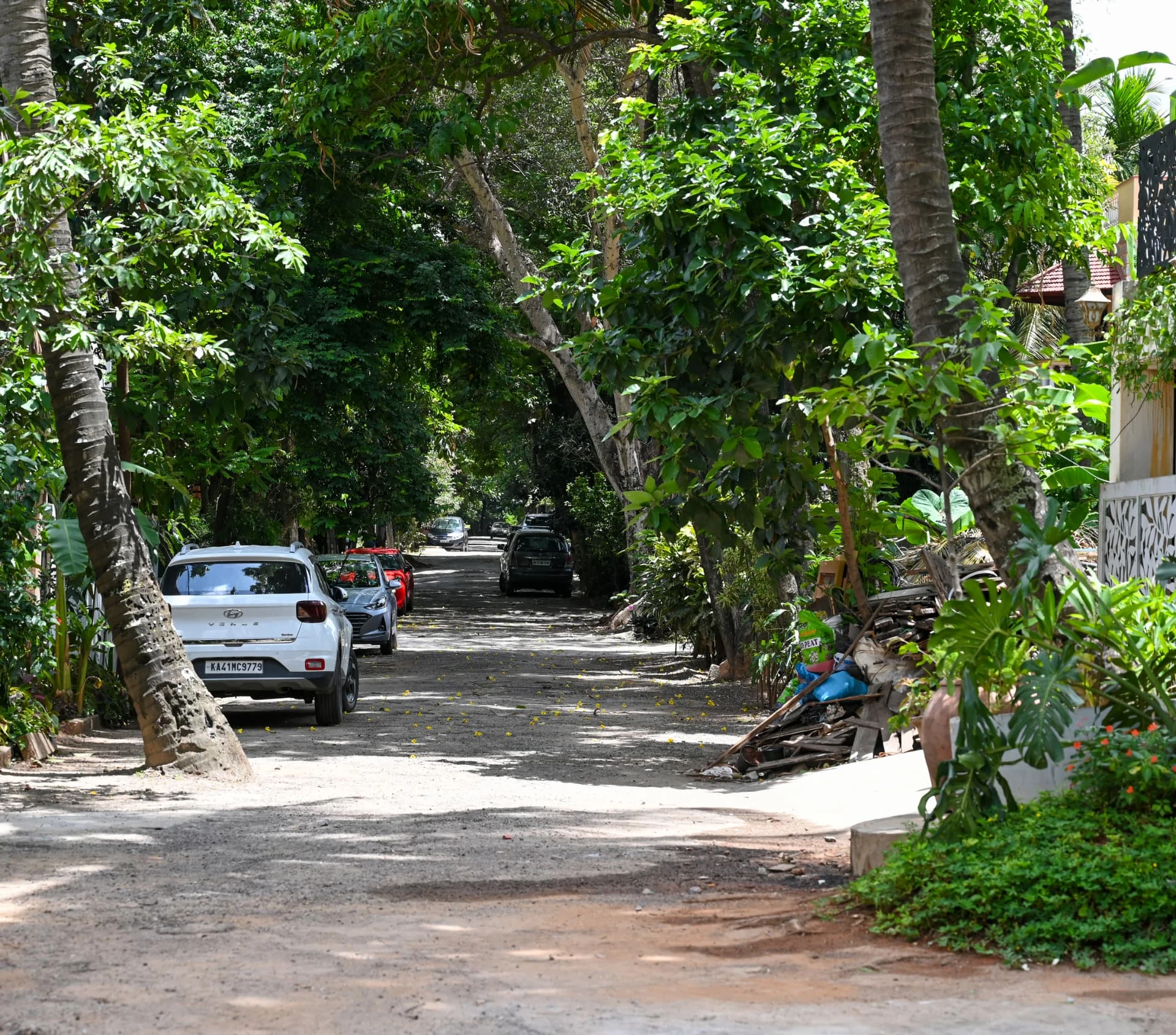 Tree-lined street inside the Laughing Waters gated community, Prestige Laughing Waters luxury villa for rent, Whitefield, Bangalore